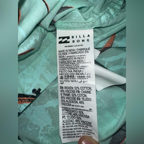 Billabong men’s small cotton/viscose leaf print sea foam button down shirt NWT - Picture 4 of 8